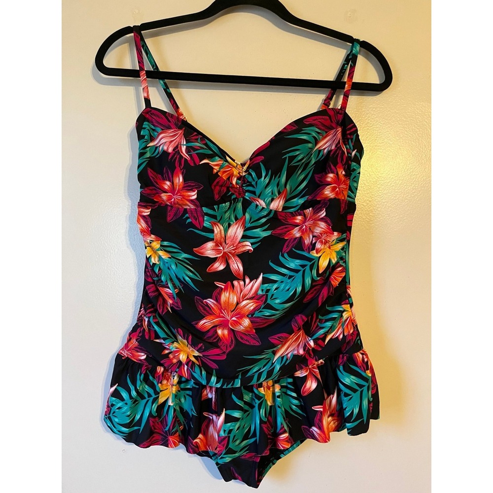 Tropical Escape Swimdress Floral Ruffle One Piece Swimsuit Womens 10 Black Multi